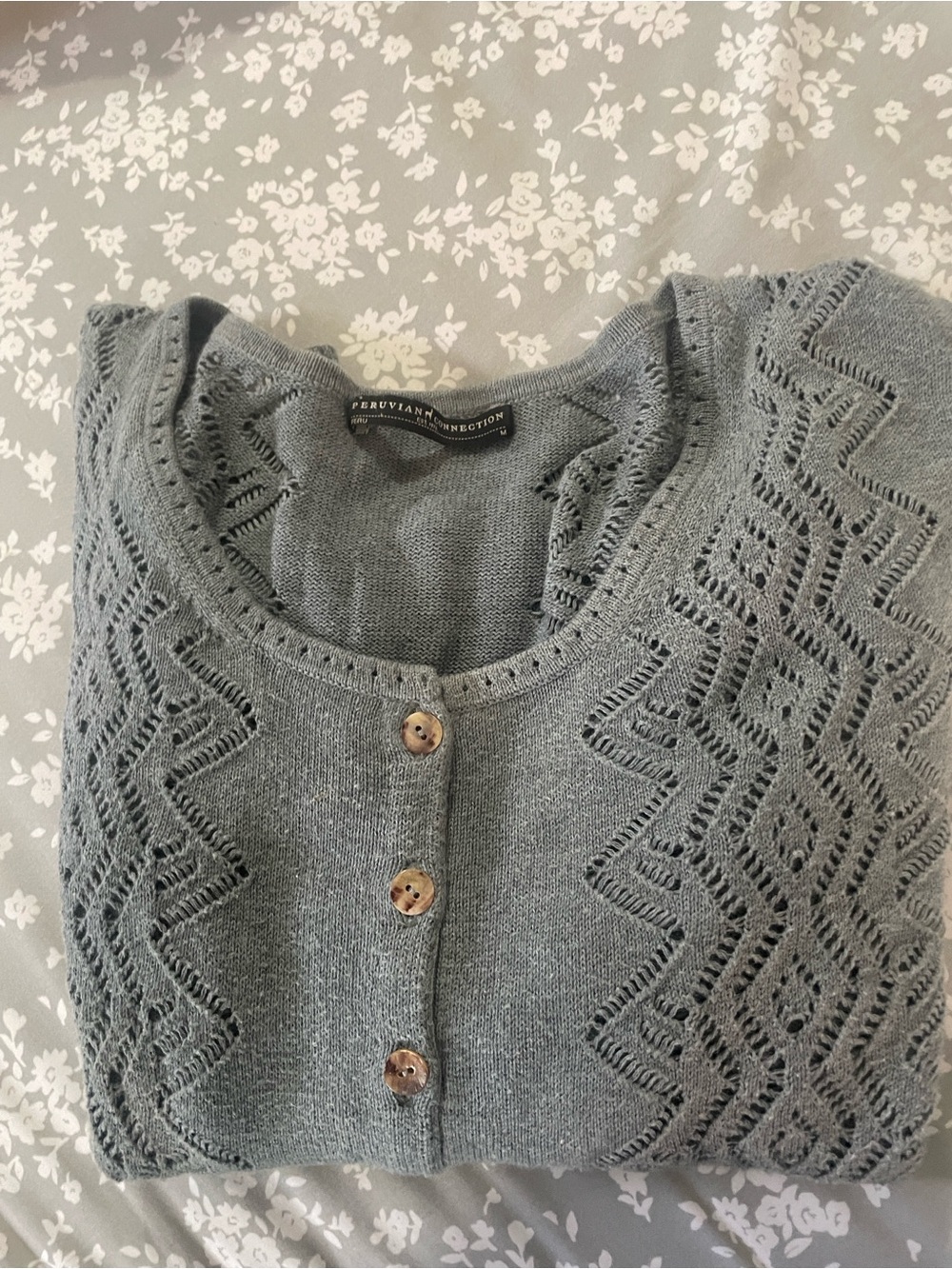 Peruvian Connection Soft Seafoam Knit Cardigan with Lace Panels - Picture 4 of 4